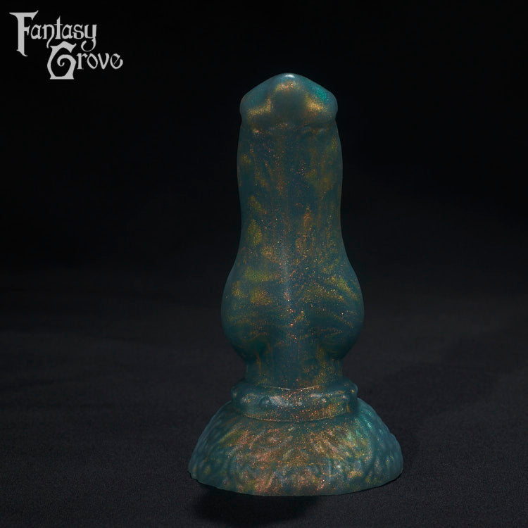 A Fantasy Grove sex toy on a black background with a logo in the upper left corner