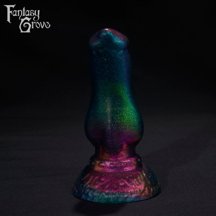 A Fantasy Grove sex toy on a black background with a logo in the upper left corner