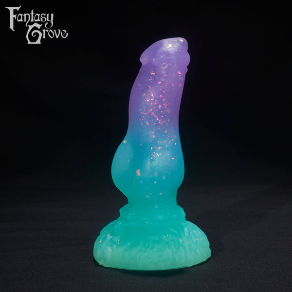 A Fantasy Grove sex toy on a black background with a logo in the upper left corner
