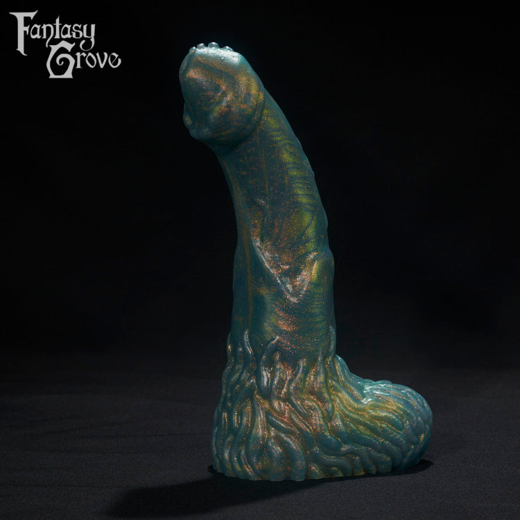 A Fantasy Grove sex toy on a black background with a logo in the upper left corner