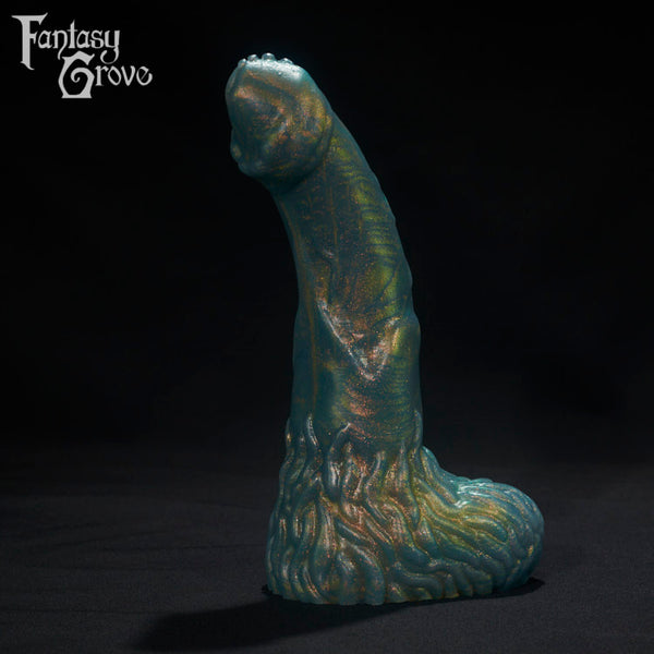 A Fantasy Grove sex toy on a black background with a logo in the upper left corner
