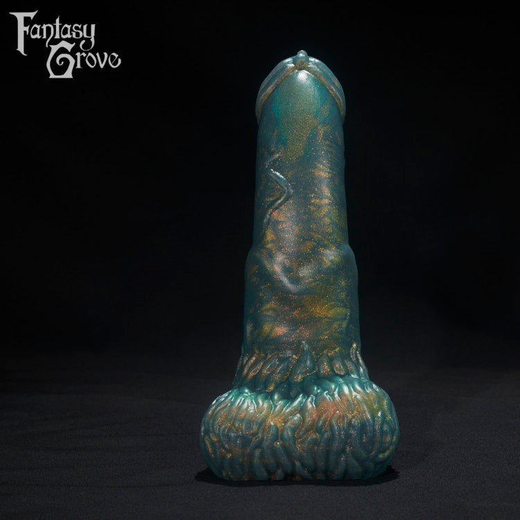 A Fantasy Grove sex toy on a black background with a logo in the upper left corner