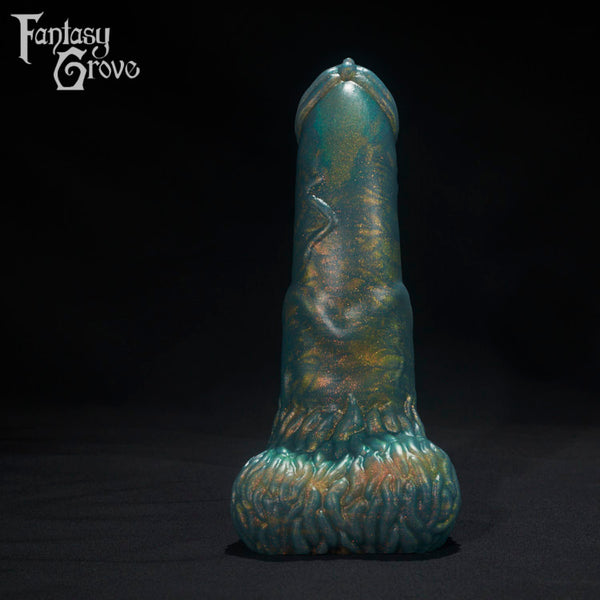 A Fantasy Grove sex toy on a black background with a logo in the upper left corner