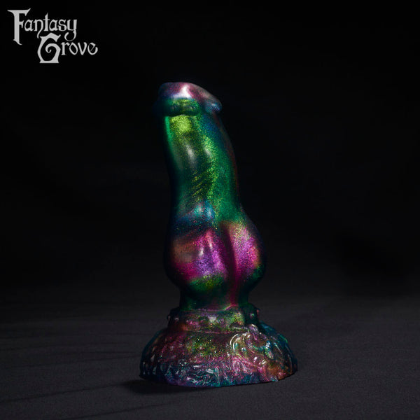A Fantasy Grove sex toy on a black background with a logo in the upper left corner