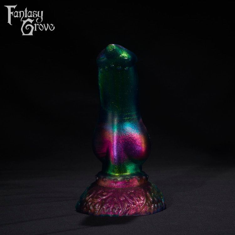 A Fantasy Grove sex toy on a black background with a logo in the upper left corner