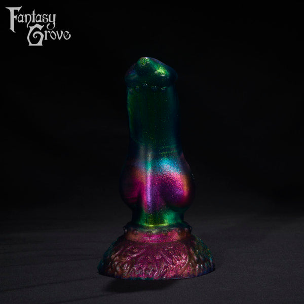 A Fantasy Grove sex toy on a black background with a logo in the upper left corner
