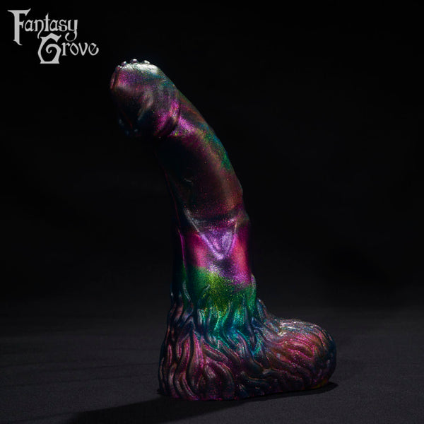 A Fantasy Grove sex toy on a black background with a logo in the upper left corner