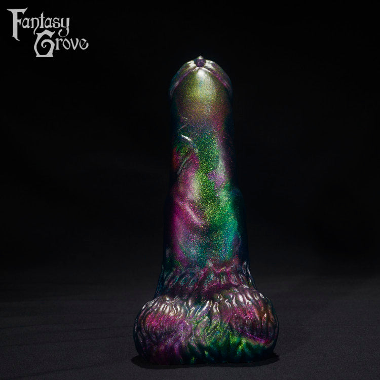 A Fantasy Grove sex toy on a black background with a logo in the upper left corner