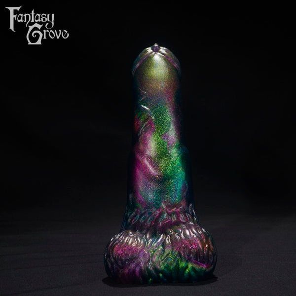A Fantasy Grove sex toy on a black background with a logo in the upper left corner