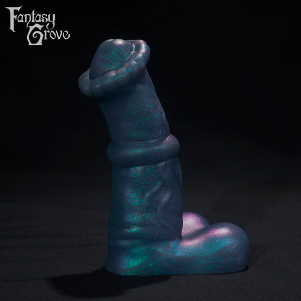 A Fantasy Grove sex toy on a black background with a logo in the upper left corner