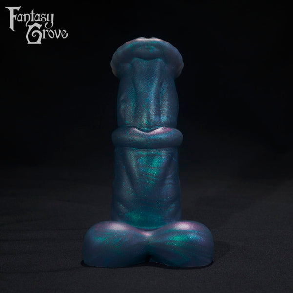 A Fantasy Grove sex toy on a black background with a logo in the upper left corner