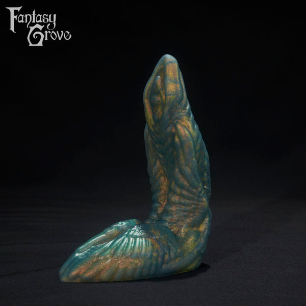 A Fantasy Grove sex toy on a black background with a logo in the upper left corner