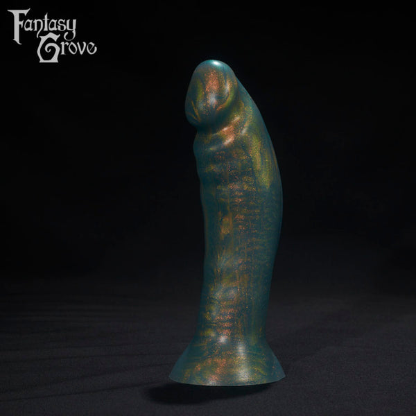 A Fantasy Grove sex toy on a black background with a logo in the upper left corner