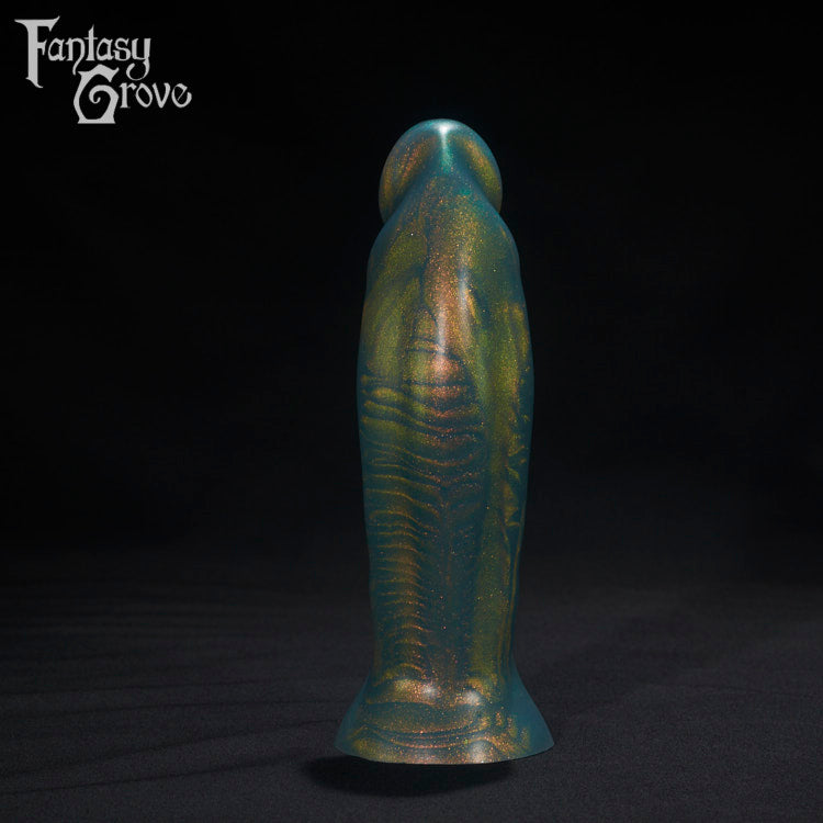 A Fantasy Grove sex toy on a black background with a logo in the upper left corner