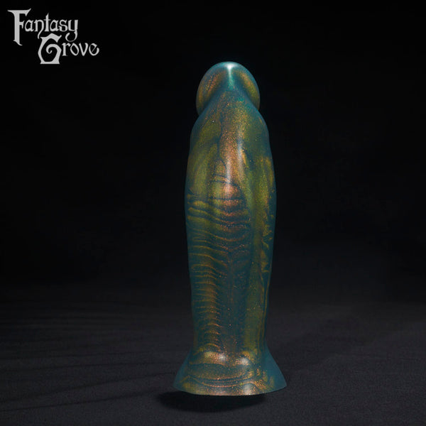 A Fantasy Grove sex toy on a black background with a logo in the upper left corner