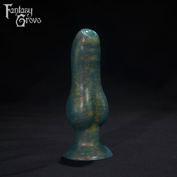 A Fantasy Grove sex toy on a black background with a logo in the upper left corner
