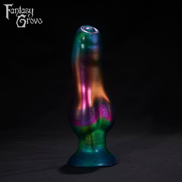 A Fantasy Grove sex toy on a black background with a logo in the upper left corner