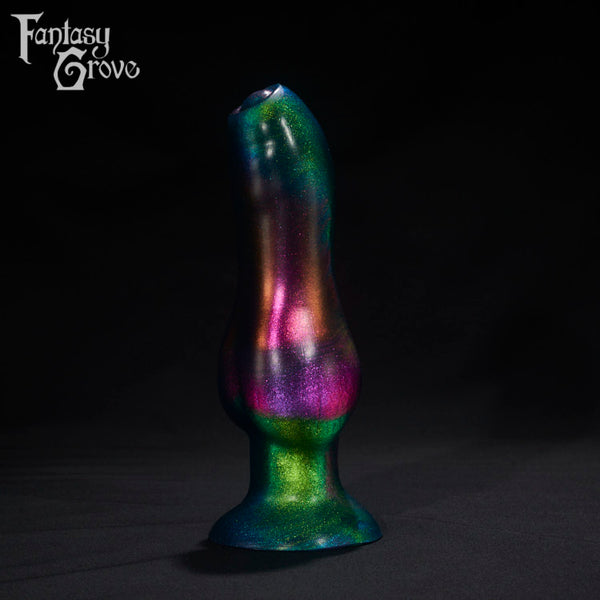A Fantasy Grove sex toy on a black background with a logo in the upper left corner