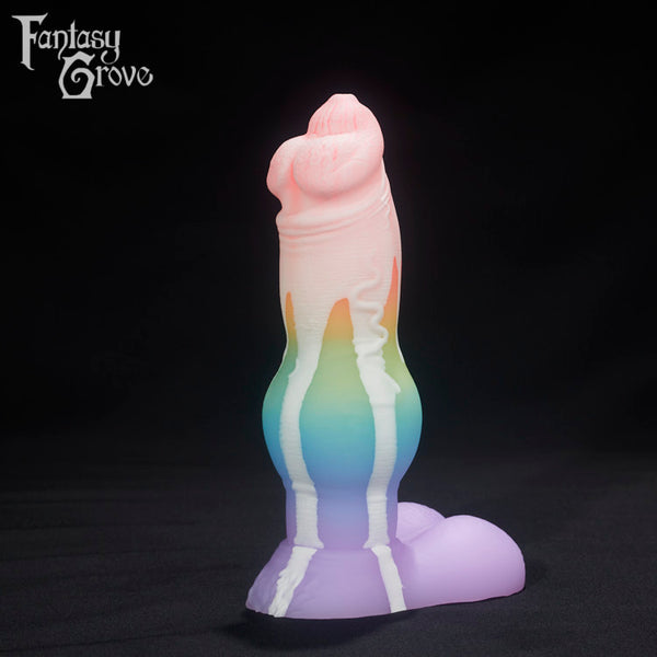 A Fantasy Grove sex toy on a black background with a logo in the upper left corner