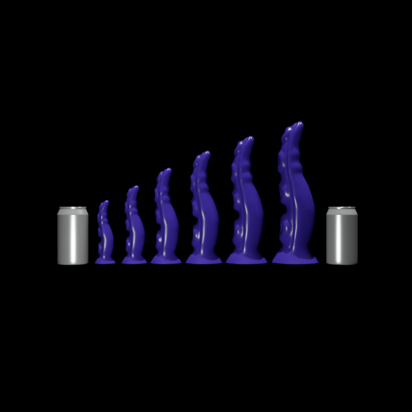 A line of six purple Eventides of graduated size, positioned between two silver cans, all against a dark background.