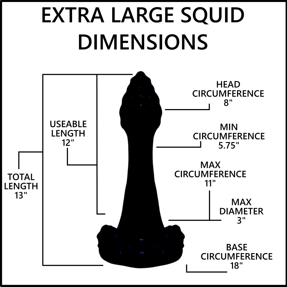A black silhouette diagram labeled 'EXTRA LARGE SQUID DIMENSIONS' with measurement callouts for head circumference, min/max circumference, base circumference, useable length, and total length on a white background.