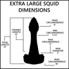 A black silhouette diagram labeled 'EXTRA LARGE SQUID DIMENSIONS' with measurement callouts for head circumference, min/max circumference, base circumference, useable length, and total length on a white background.