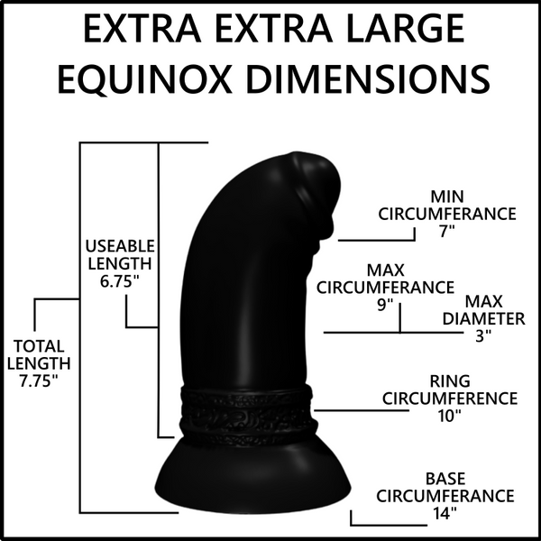 A black curved adult novelty product shown on a white background with measurement callouts and text reading 'EXTRA EXTRA LARGE EQUINOX DIMENSIONS' plus dimensions for length, circumference, and base.