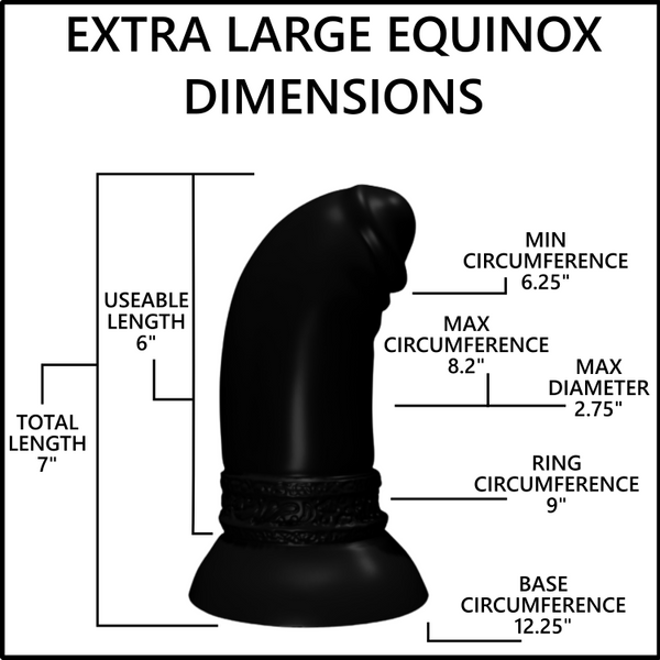 A black informational diagram labeled 'EXTRA LARGE EQUINOX DIMENSIONS' showing a curved black object with measurement callouts for length, circumference, diameter, and base size.
