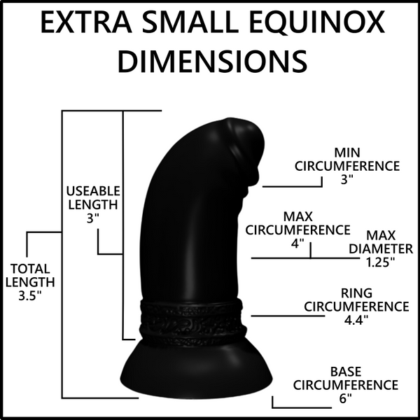 A black curved dildo shown on a white background with measurement callouts and text reading 'EXTRA SMALL EQUINOX DIMENSIONS,' including min and max circumference, total length, useable length, ring circumference, and base circumference.