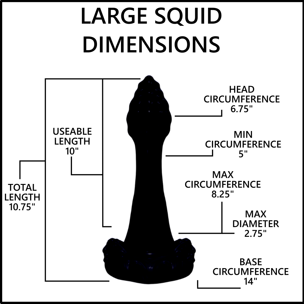 A black silhouette of a large squid-shaped object on a white background with measurement labels and lines indicating dimensions such as head circumference, min and max circumference, total length, and base circumference.