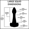 A black silhouette of a large squid-shaped object on a white background with measurement labels and lines indicating dimensions such as head circumference, min and max circumference, total length, and base circumference.