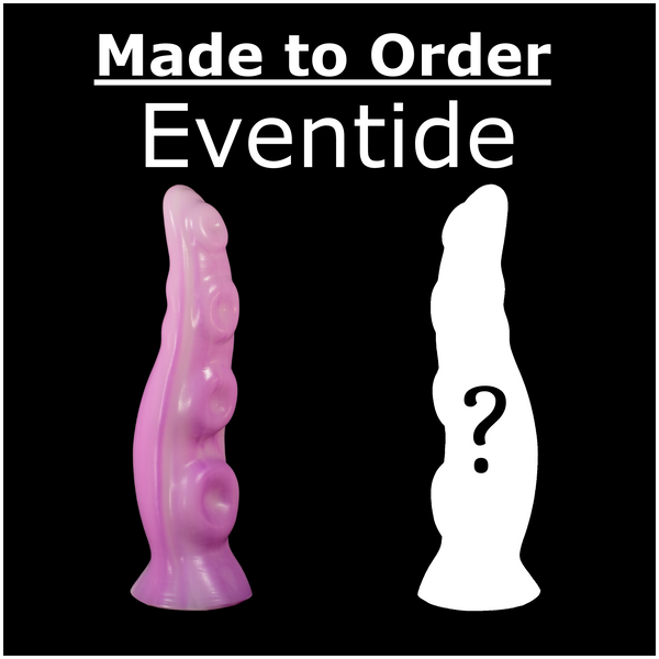 Graphic with the text "Made to Order Eventide" above two product shapes. The left shape is pink and purple, the right is a white outline with a black question mark.