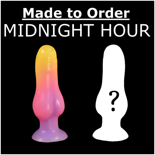 Graphic with the text "Made to Order Midnight Hour" above two product shapes. The left shape is filled with a yellow-to-pink-to-purple gradient, the right is a white outline with a black question mark.