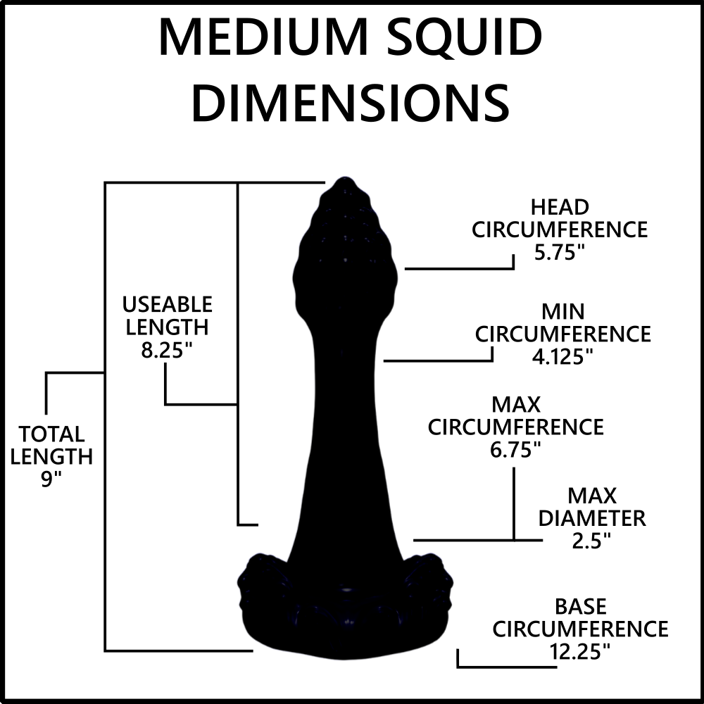 A black silhouette diagram labeled 'MEDIUM SQUID DIMENSIONS' with measurement callouts for head circumference, min and max circumference, base circumference, useable length, and total length on a white background.