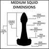 A black silhouette diagram labeled 'MEDIUM SQUID DIMENSIONS' with measurement callouts for head circumference, min and max circumference, base circumference, useable length, and total length on a white background.
