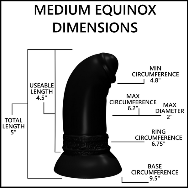 A black curved adult novelty product shown on a white background with measurement callouts reading 'MEDIUM EQUINOX DIMENSIONS' and labels for total length, useable length, min circumference, max circumference, ring circumference, and base circumference.