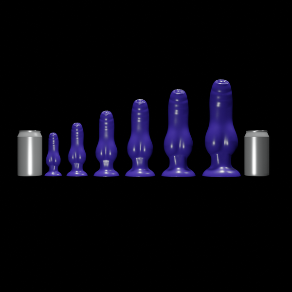 A line of six purple Midnight Hours of graduated size, positioned between two silver cans, all against a dark background.