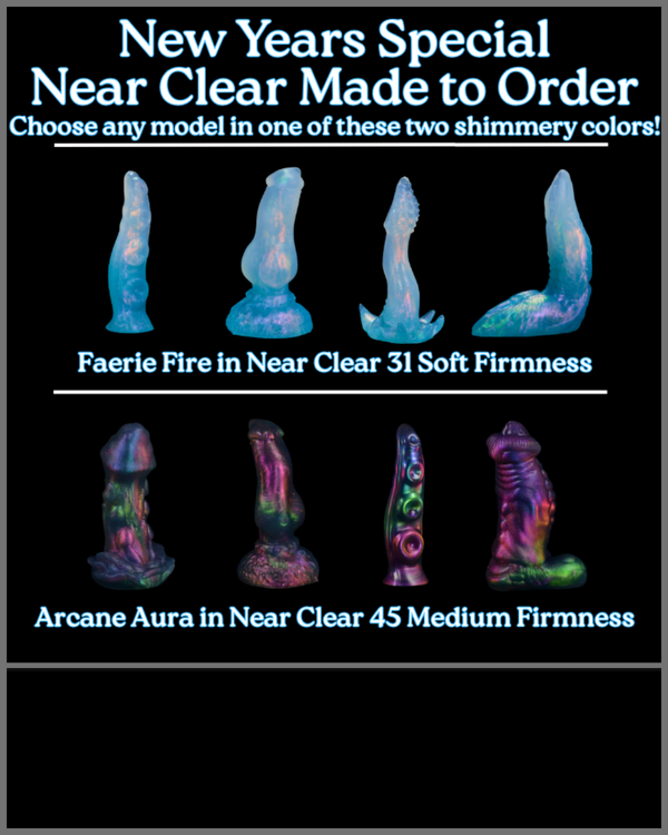 Advertisement for new years special Made to orders with shimmery models on a black background.  There are examples of each color in two lines in the center. Text reads: New years special nearclear made to order. Choose any model in one of these two shimmery colors! Faerie Fire in Near Clear 31 Soft Firmness. Arcane Aura in Nearclear 45 Medium Firmness.