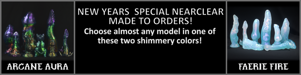 Advertisement for Arcane Aura and Faerie Fire nearclear.  One the left and right are a picture of each color.  In the center there is text that reads: New years special nearclear made to orders! choose almost any model in one these shimmery colors!