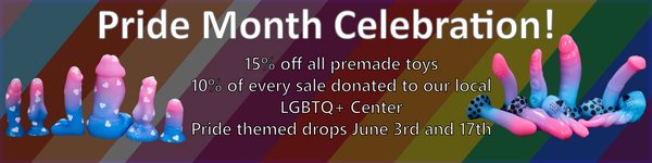Promotional banner for Pride Month celebration with toy-themed graphics and text.