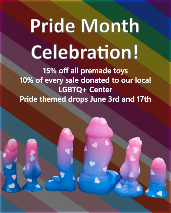Promotional graphic for Pride Month with rainbow stripes and toy-themed text.