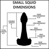 A black silhouette diagram labeled 'SMALL SQUID DIMENSIONS' with measurement callouts for head circumference, min and max circumference, diameter, base circumference, useable length, and total length on a white background.