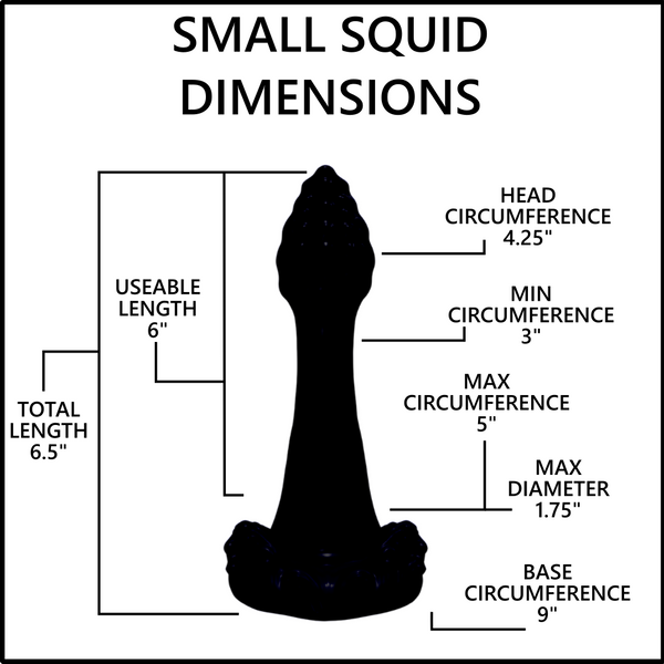 A black silhouette diagram labeled 'SMALL SQUID DIMENSIONS' with measurement callouts for head circumference, min and max circumference, diameter, base circumference, useable length, and total length on a white background.