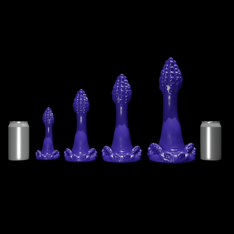Five purple silicone dildo toys of varying sizes arranged in ascending size order against a solid black background, with two silver aluminum cans used as scale references on either side.