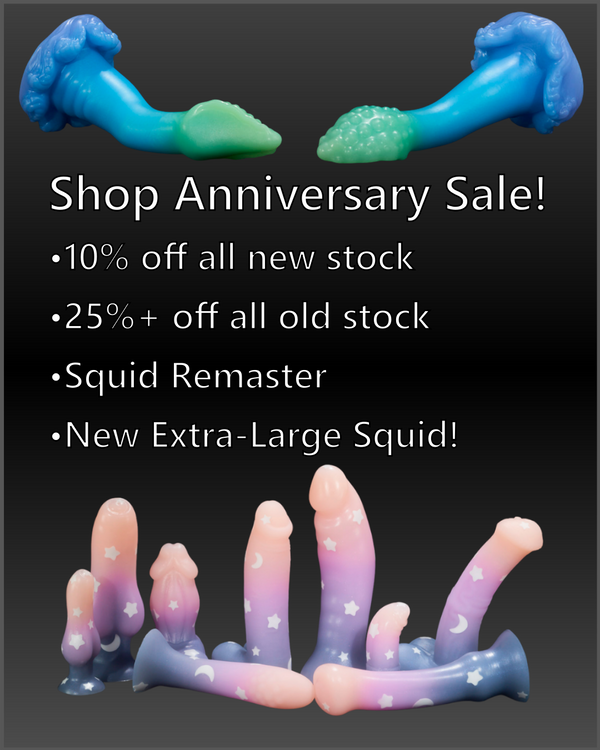 A banner image with multiple colorful fantasy sex toys.  Text in the center reads: Shop anniversary sale 10% off all new stock, 25% off all old stock, squid remaster- including a new extra large size